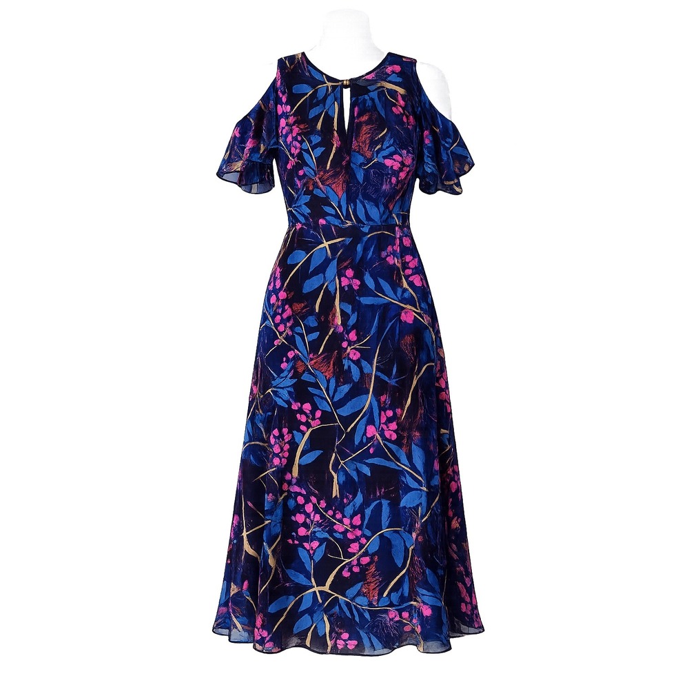 Maeve‎ Anthropologie Navy Blue Floral Cold Shoulder Midi Dress Size 4 Botanical